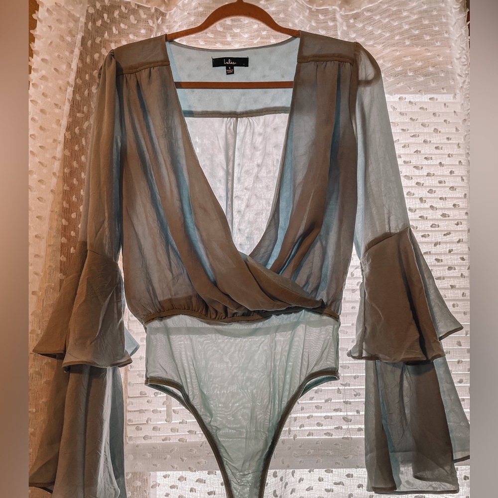 Blue lulus silk ruffle sleeve bodysuit